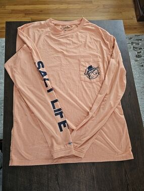 Womens Small Salt Life Long Sleeve Pocket Tee - Orange Peach with Navy Print